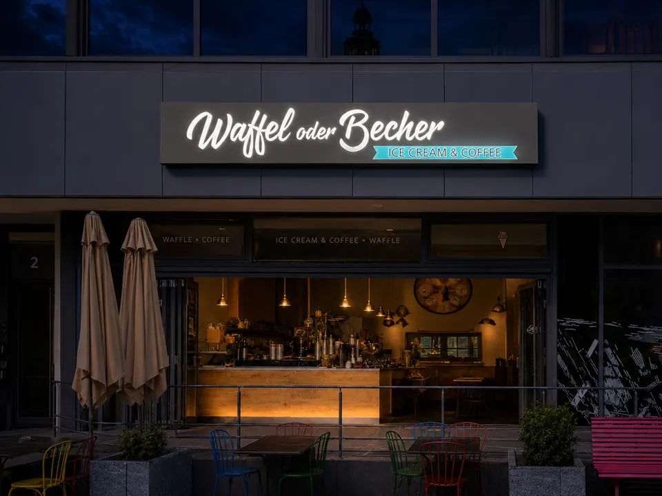 Beleuchtete Werbeanlage Waffel oder Becher in Berlin bei Nacht
